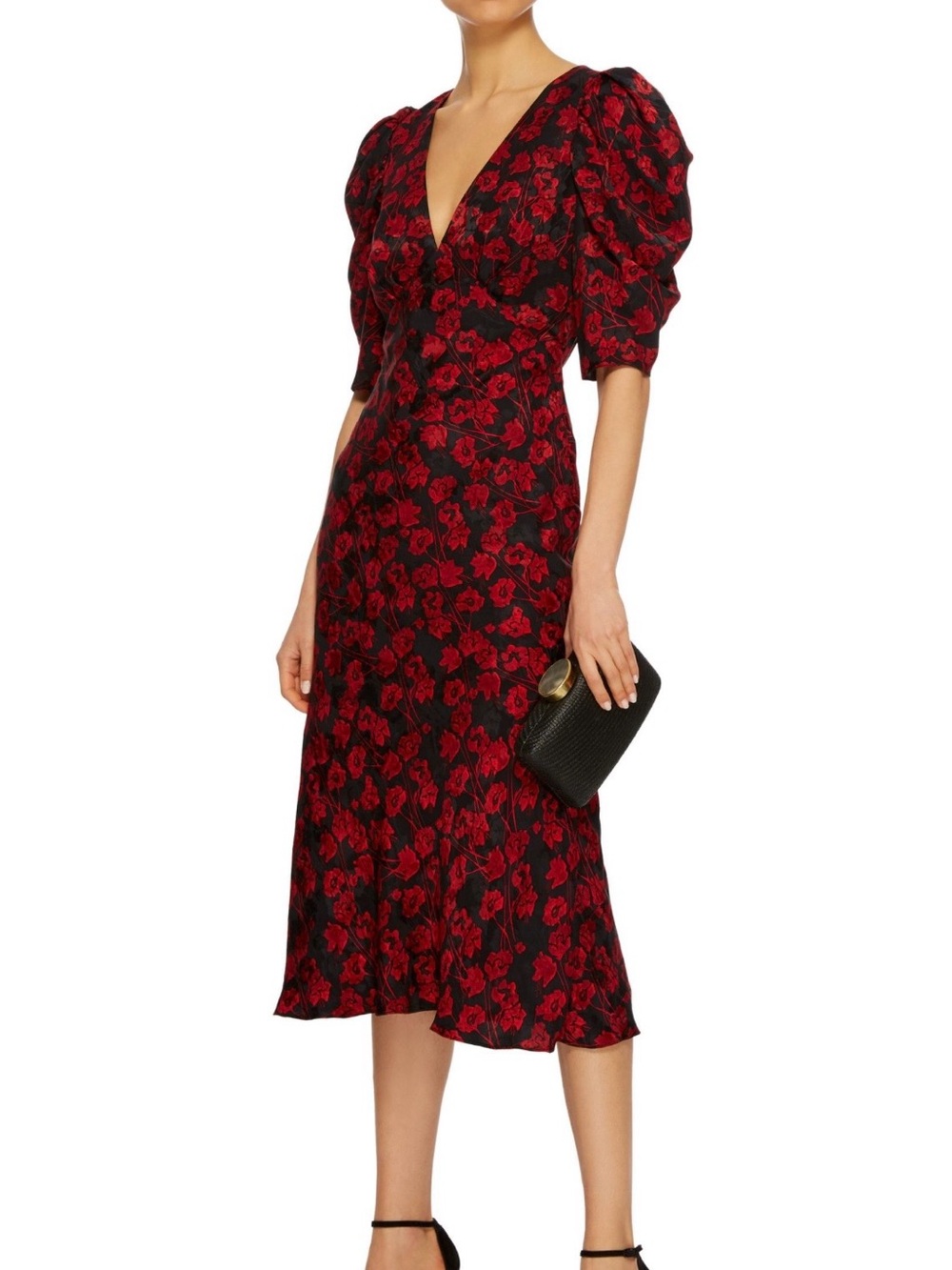 SALONI 100% silk Red and Black Floral V-Neck Midi Dress with Puff Sleeves
